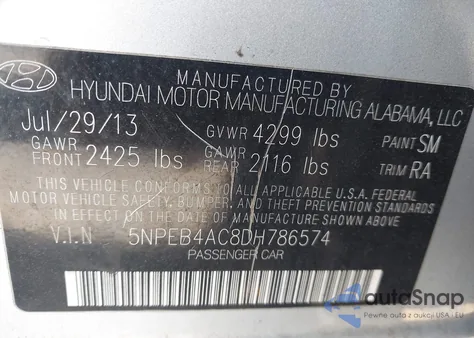 2013 Hyundai Sonata Gls z USA, uszkodzony, nr VIN 5NPEB4AC8DH786574